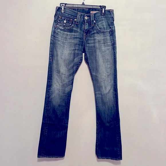 True Religion size 28 Ricky blue slightly distressed jeans.